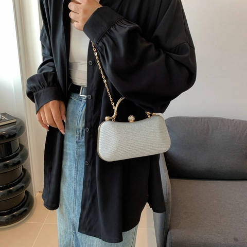 Elegante Borsa da Sera in PU con Brillantini Donna Con Manico in Metallo Chiusura in Strass Catena Oro per Matrimonio Festa