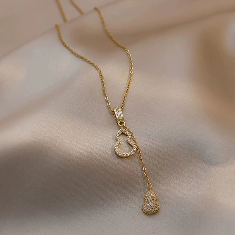 Elegant Gourd Pendant Necklace Titanium Steel With Zirconia Gold Plated Long Sweater Chain Jewelry For Women