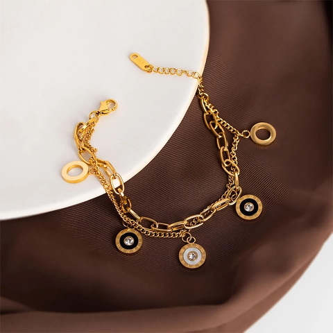 Mehrlagiges Armband Titanstahl Vergoldet Römische Ziffern Runde Schalenanhänger Strass Eleganter Schmuck Für Damen