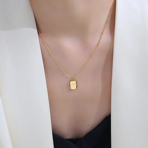 Collana Con Pendente Quadrato Acciaio Al Titanio Placcato Oro Lettera Minimalista Catena Con Perline Gioielli Donna
