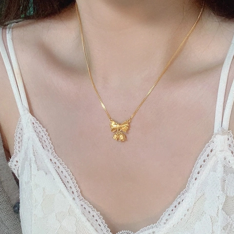 Lily Of The Valley Bowknot Pendant Necklace Titanium Steel And Copper 18K Gold Plated Elegant Sweet Jewelry For Women