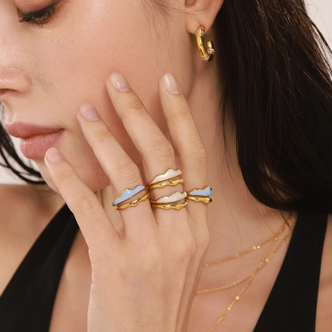 Anello A Onda A Doppio Strato In Acciaio Inossidabile Con Smalto Design Aperto Regolabile Gioielli Di Moda Per Donna Placcato Oro