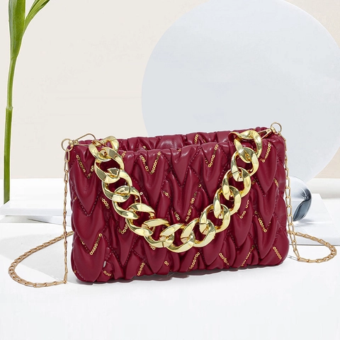 Women's Ruched Quilted Handbag PU Leather V-Shaped Sequin Chic Square Shoulder Bag Gold Chain Crossbody Bag Urban Style Satchel