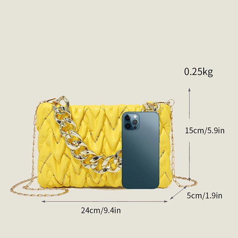 Women's Ruched Quilted Handbag PU Leather V-Shaped Sequin Chic Square Shoulder Bag Gold Chain Crossbody Bag Urban Style Satchel