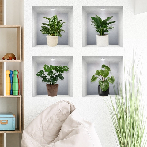 3D Potplant Muurstickers Modern Minimalistisch PVC Nisontwerp Groene Bladeren Verwijderbare Decoratieve Stickers Voor Woonkamer