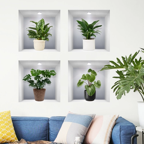3D Potplant Muurstickers Modern Minimalistisch PVC Nisontwerp Groene Bladeren Verwijderbare Decoratieve Stickers Voor Woonkamer