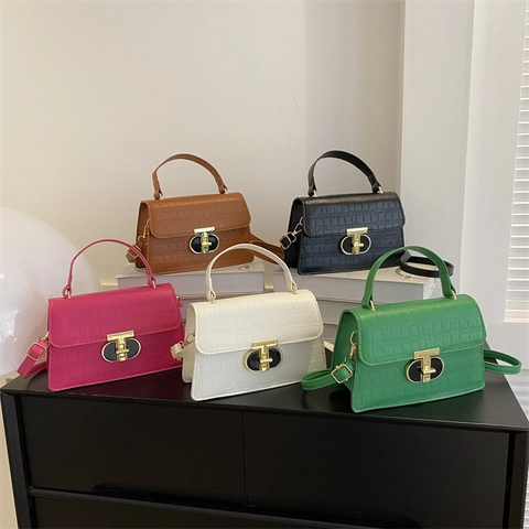 Women Crocodile Pattern Shoulder Bag PU Leather Top Handle Crossbody Handbag With Metal Turn Lock Fashion Commuting