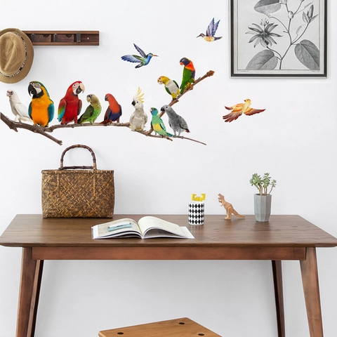 Wall Stickers Colorful Birds On Tree Branch PVC Self Adhesive Decals Nature Style For Living Room Bedroom Nursery Decoration