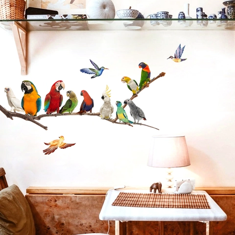 Wall Stickers Colorful Birds On Tree Branch PVC Self Adhesive Decals Nature Style For Living Room Bedroom Nursery Decoration