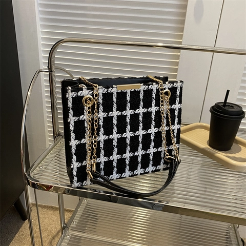 Borsa Tote da Donna Elegante in Tweed di Lana Con Tracolla a Catena Dorata Borsa a Spalla Griglia a Contrasto per Pendolari
