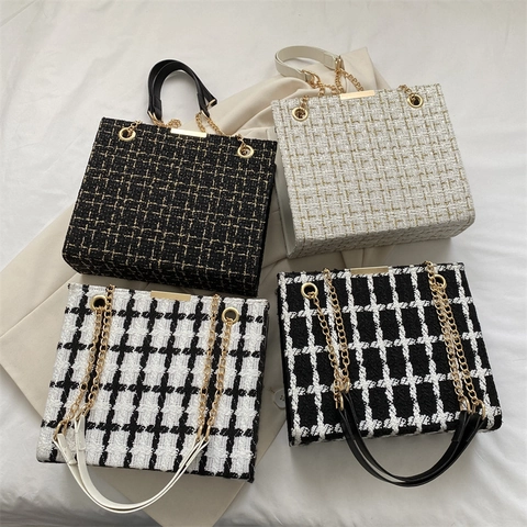 Borsa Tote da Donna Elegante in Tweed di Lana Con Tracolla a Catena Dorata Borsa a Spalla Griglia a Contrasto per Pendolari