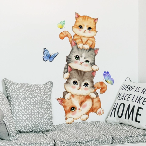 Cartoon Katten En Vlinders Muurstickers PVC Zelfklevend Aquarel Dieren Decals Voor Kinderkamer Slaapkamer Decoratie
