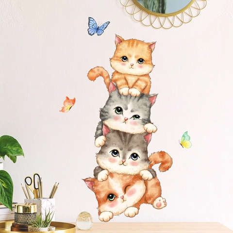 Cartoon Katten En Vlinders Muurstickers PVC Zelfklevend Aquarel Dieren Decals Voor Kinderkamer Slaapkamer Decoratie