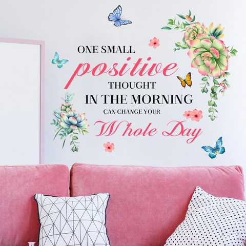 Watercolor Succulent Flower Butterfly Wall Stickers With Inspirational Quote PVC Self Adhesive Wall Decals For Living Room Bedroom Decor