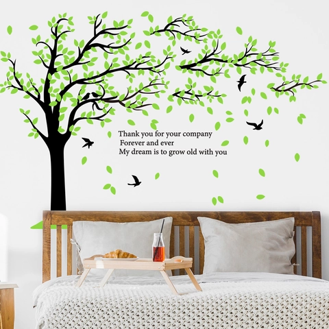 Adesivi Murali Albero Verde Uccelli PVC Removibile Autoadesivo Citazione Romantica Decorazione Soggiorno Camera Da Letto