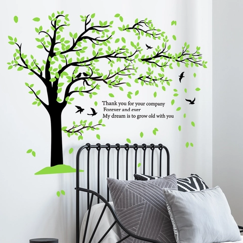 Adesivi Murali Albero Verde Uccelli PVC Removibile Autoadesivo Citazione Romantica Decorazione Soggiorno Camera Da Letto