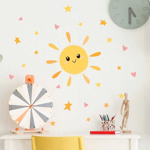 Stickers Muraux Soleil Souriant Étoiles Cœurs Dessin Animé PVC Autocollants DIY Pour Chambre D'enfant Décoration