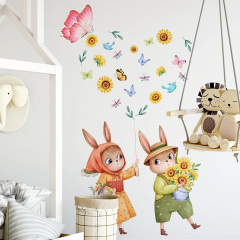 Adesivi Murali Coniglio Cartone Animato Girasole Farfalla PVC Stile Dipinto A Mano Decorazione Camera Bambini DIY
