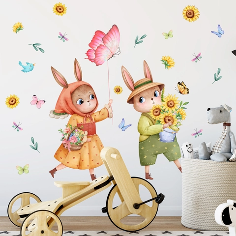 Cartoon Rabbit Sunflower Butterfly Wall Stickers For Kids Room Bedroom Decoration Removable PVC Waterproof Home Decor Wall Decals