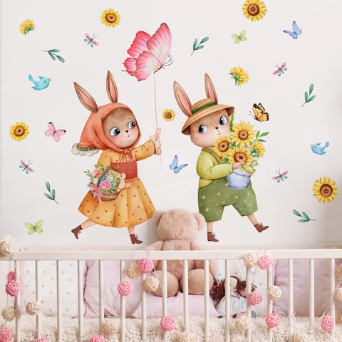 Cartoon Rabbit Sunflower Butterfly Wall Stickers For Kids Room Bedroom Decoration Removable PVC Waterproof Home Decor Wall Decals