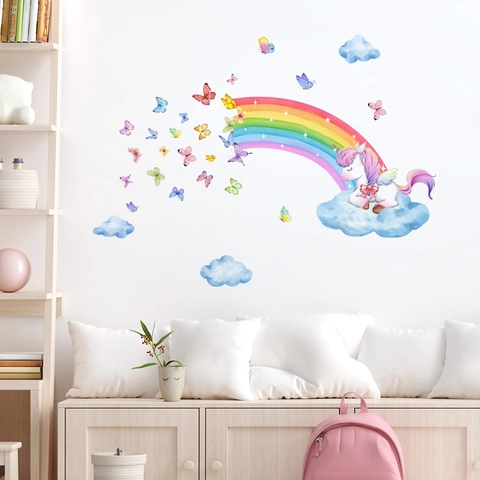 Stickers Muraux Licorne Arc-En-Ciel PVC Autocollant Nuages Papillons Aquarelle Décor Pour Chambre Enfant Fille