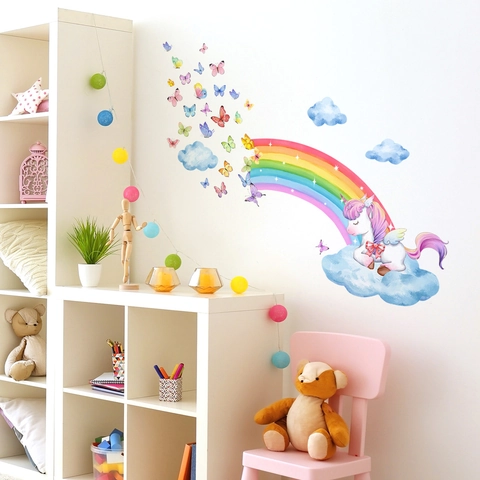 Stickers Muraux Licorne Arc-En-Ciel PVC Autocollant Nuages Papillons Aquarelle Décor Pour Chambre Enfant Fille