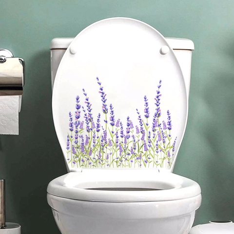 Sticker de Toilette Fleurs de Lavande Violette PVC Autocollant Floral Salle de Bain Décalcomanie Murale Décor de Siège de Toilette Amovible
