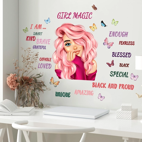 Inspirational Girl Magic Quote Wall Sticker With Butterflies Cartoon Girl PVC Self-Adhesive Removable Decal For Bedroom Study Room Wall Decor