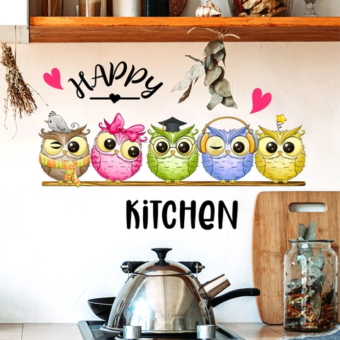 Cartoon Owl Wall Stickers PVC Self Adhesive Happy Kitchen Lettering Waterproof Decals For Kitchen Dining Room Decor