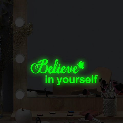 Believe In Yourself Leuchtender Wandsticker Spiegel Aufkleber Mit Schmetterling Muster Glow In The Dark PVC Selbstklebend Deko Für Badezimmer Schlafzimmer