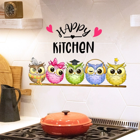 Cartoon Owl Wall Stickers PVC Self Adhesive Happy Kitchen Lettering Waterproof Decals For Kitchen Dining Room Decor