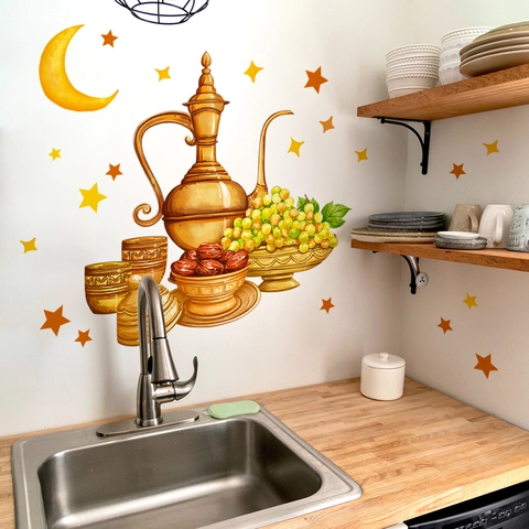 Ramadan Wall Sticker PVC Golden Arabic Dallah Moon Star Eid Mubarak Home Decor Self Adhesive Removable Waterproof