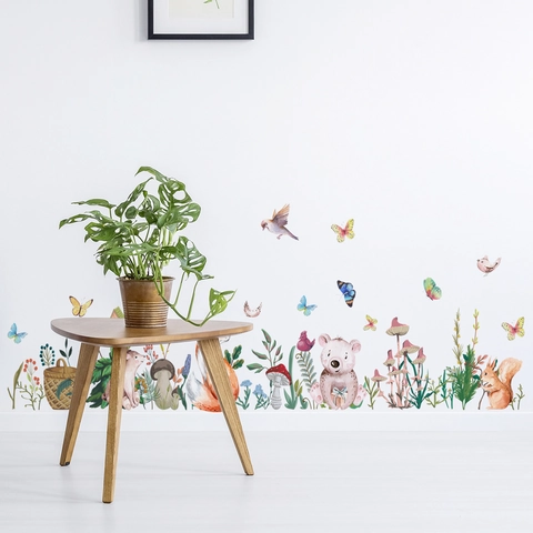 Stickers Muraux Animaux De La Forêt Aquarelle PVC Autocollant Décor Renard Ours Champignon Pour Chambre Enfant