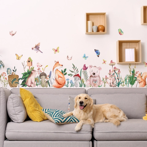 Stickers Muraux Animaux De La Forêt Aquarelle PVC Autocollant Décor Renard Ours Champignon Pour Chambre Enfant