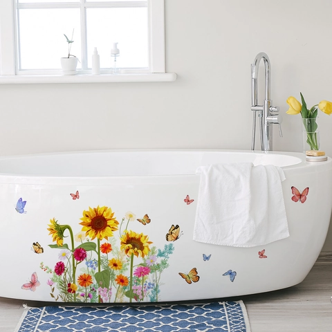 Pegatinas De Pared Girasol Mariposa PVC Impermeable Autoadhesivo Calcomanías De Inodoro Decoración De Baño