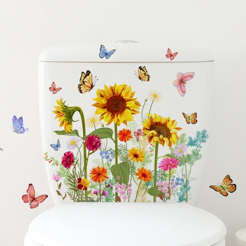 Pegatinas De Pared Girasol Mariposa PVC Impermeable Autoadhesivo Calcomanías De Inodoro Decoración De Baño