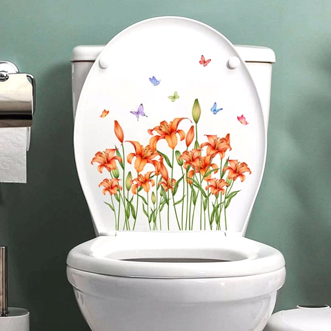 Waterproof PVC Orange Lily Flower Colorful Butterfly Toilet Lid Decal Self Adhesive Removable Bathroom Home Wall Sticker