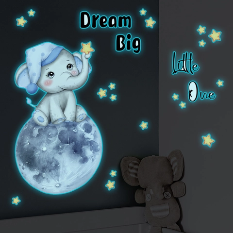 Glow In The Dark Elephant Moon Wall Stickers For Kids Room Nursery Decor Removable Fluorescent Star Decals Dream Big