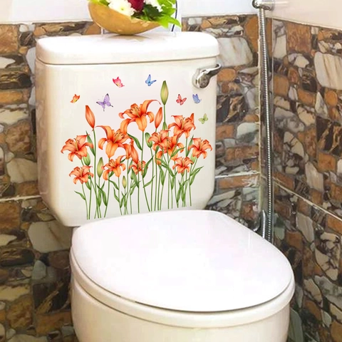 Waterproof PVC Orange Lily Flower Colorful Butterfly Toilet Lid Decal Self Adhesive Removable Bathroom Home Wall Sticker
