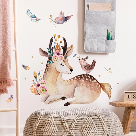 Stickers Muraux Aquarelle Cerf Sika Et Oiseaux Dessin Animé PVC DIY Autocollants Pour Décoration Chambre Enfant