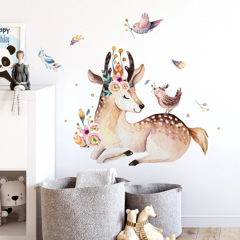 Stickers Muraux Aquarelle Cerf Sika Et Oiseaux Dessin Animé PVC DIY Autocollants Pour Décoration Chambre Enfant