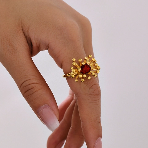 18K Gold Plated Stainless Steel Flower Zirconia Jewelry Set Radiating Floral Ring Stud Earrings For Women Party Jewelry