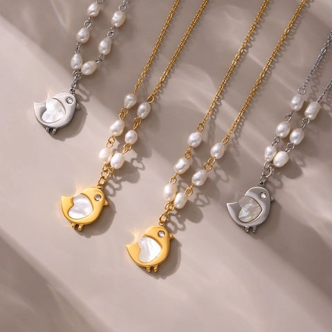 Edelstahl Halskette Mit Süßwasserperle Und Muschel Küken Anhänger Gold Silber Plattiert Schicker Schmuck Für Damen