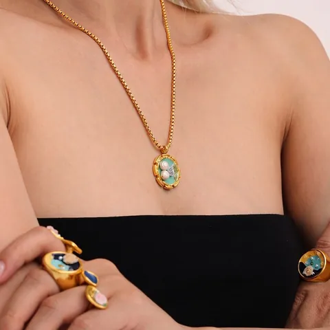 Retro Oil Painting Style Rose Flower Stainless Steel Necklace And Rings With Freshwater Pearl Enamel For Women