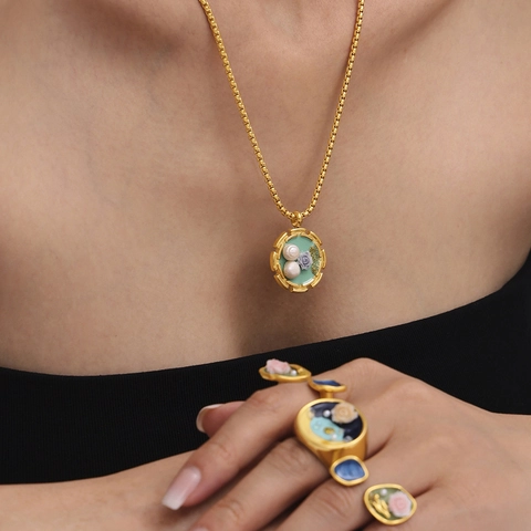 French Vintage Stainless Steel Jewelry Necklace And Ring 18K Gold Plated Enamel 3D Rose Flower Artificial Pearl Accessory For Women