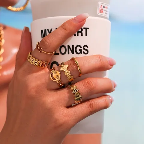 Vintage Irregular Stainless Steel Open Rings For Women Gold Plated Bohemian Heart Smile Bear Fashion Jewelry Finger Rings