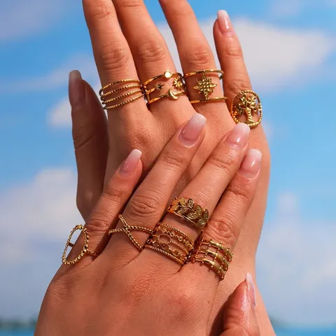 Edelstahl Geometrische Hohlringe Für Damen Mehrlagig Offen Verstellbar Boho Lebensbaum Sonne Mond Stern Design