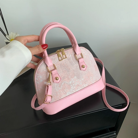 Borsa a Mano a Conchiglia Ricamata Stile Cinese Vintage Donna Pelle PU Jacquard Floreale Borsa a Tracolla