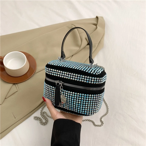 Rhinestone Crossbody Handbag Shiny Sparkly Chain Shoulder Bag PU Leather Vanity Box For Women Party Evening