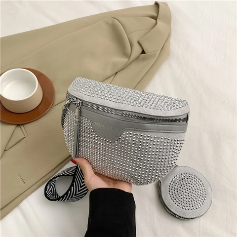 Damen Voll Strass Umhängetasche Satteltasche Mit Mini Rundem Münzfach Mode Glänzende Diamante Schultertasche Breiter Gurt Messenger Bag
